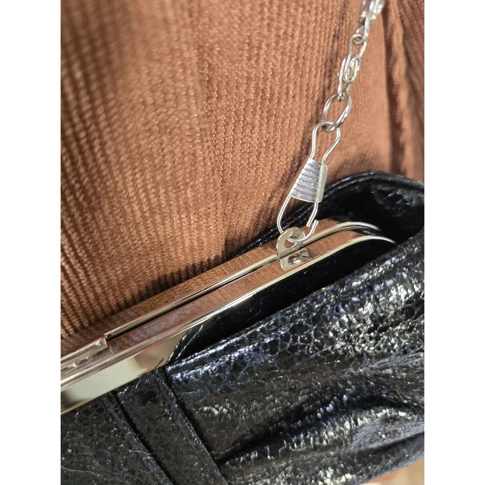 Black Clutch bag purse‎ removable chain strap kiss lock clasp bow formal evening
